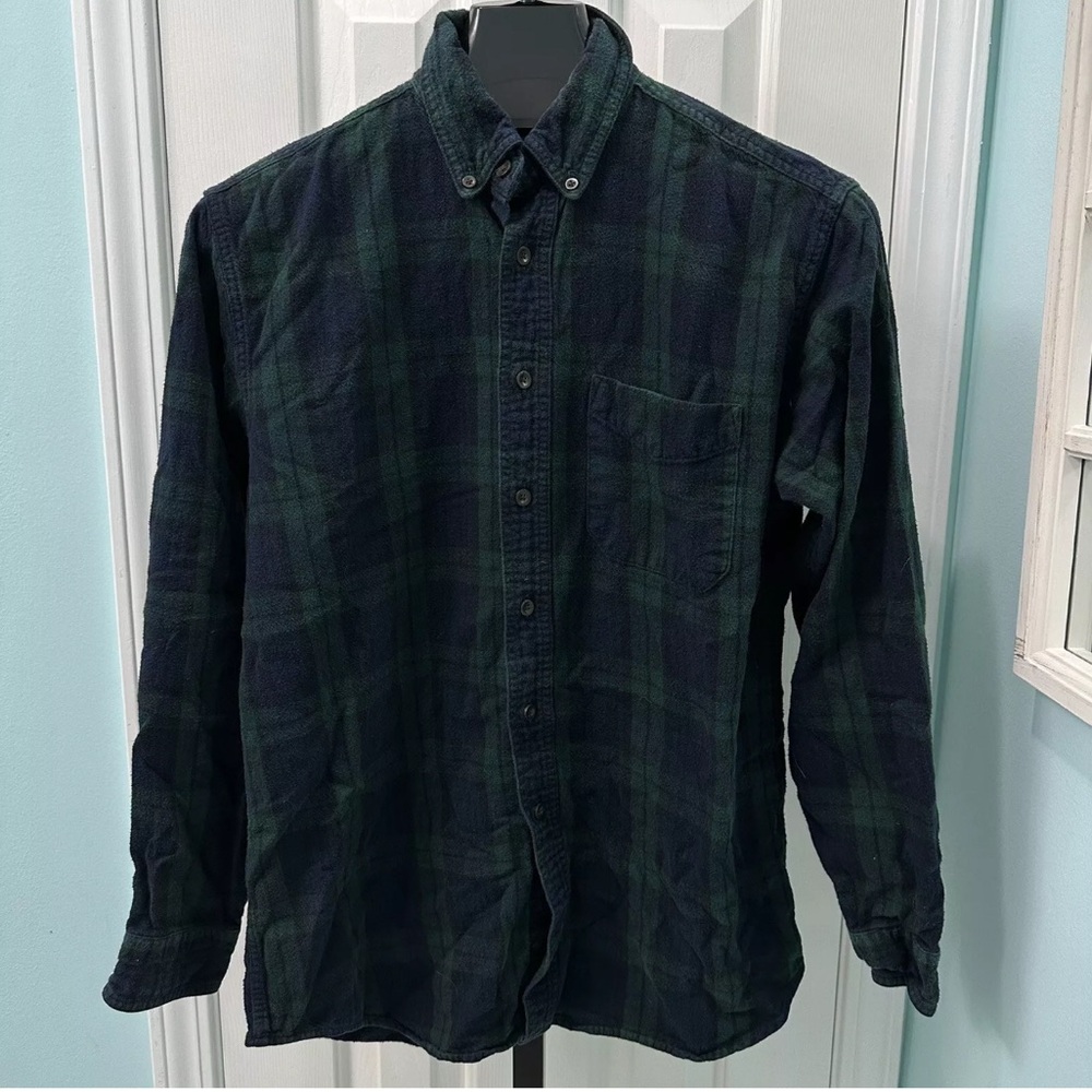 LL Bean Men's Size Medium Traditional Fit Blue Green Plaid Flannel Button Shirt